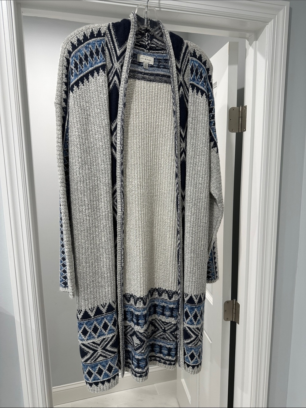 Lucky Brand Cream Open-Front Fair Isle Cardigan with Navy & Blue Accents